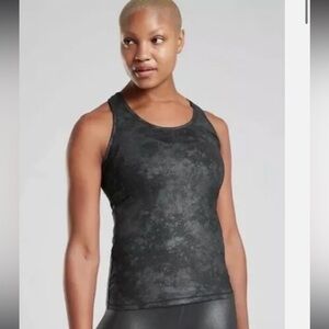 ATHLETA Shanti Misty Lace Print Tank Top Size Large Black Metallic Racerback